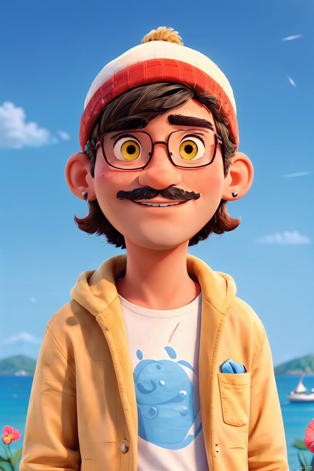 TT, dance, bonfire, torch, hat, black hair, white shirt, earrings, 1boy, leaf, plant, shirt, flower, jewelry, beanie, solo, facial hair, male focus, upper body, cat, food, looking at viewer , yellow background, short hair, pink flower, jacket, red flower, mustache,blackeyes,blush,ligne, tree, sailing,palm tree, sky, cloud, day, ocean, outdoors, blue sky, water,迪士尼