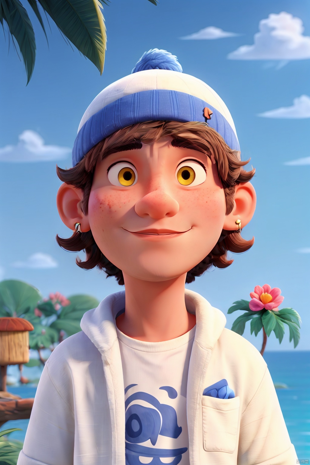  TT, hat, black hair, white shirt, earrings, 1boy, leaf, plant, shirt, flower, jewelry, beanie, solo, facial hair, male focus, upper body, cat, food, looking at viewer, yellow background, short hair, pink flower, jacket, red flower, mustache,blackeyes,blush,ligne, tree, sailing,palm tree,  sky, cloud, day, ocean, outdoors, blue sky, water , 迪士尼