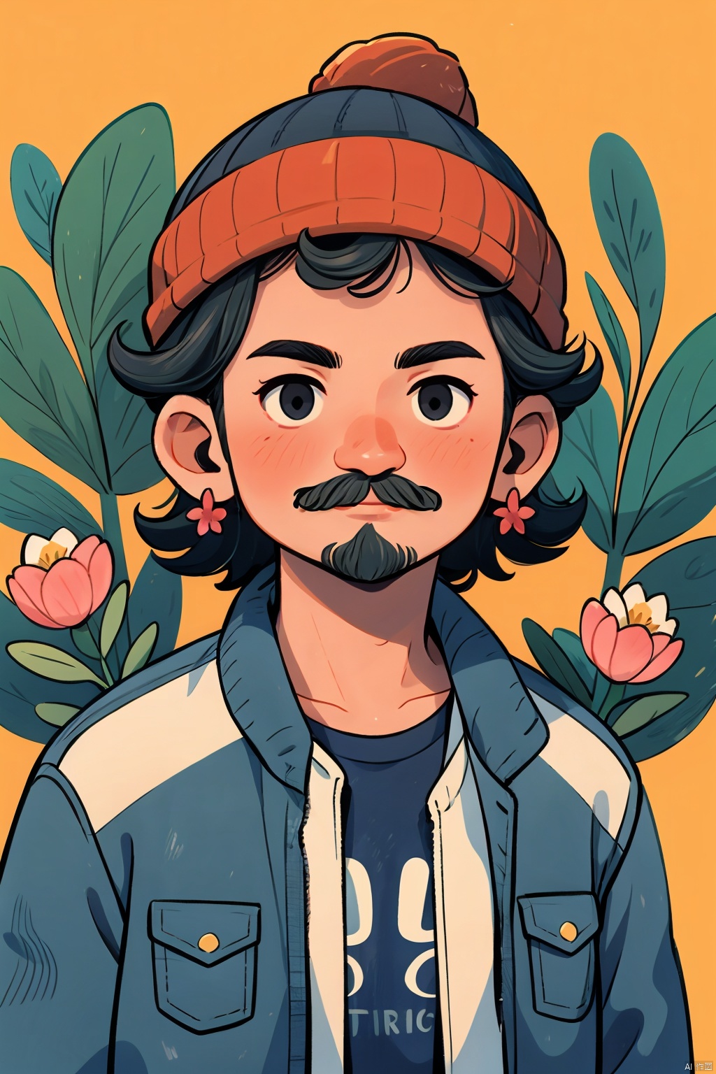  TT, hat, black hair, white shirt, earrings, 1boy, leaf, plant, shirt, flower, jewelry, beanie, solo, facial hair, male focus, upper body, cat, food, looking at viewer, yellow background, short hair, pink flower, jacket, red flower, mustache, black eyes, blush,迪士尼