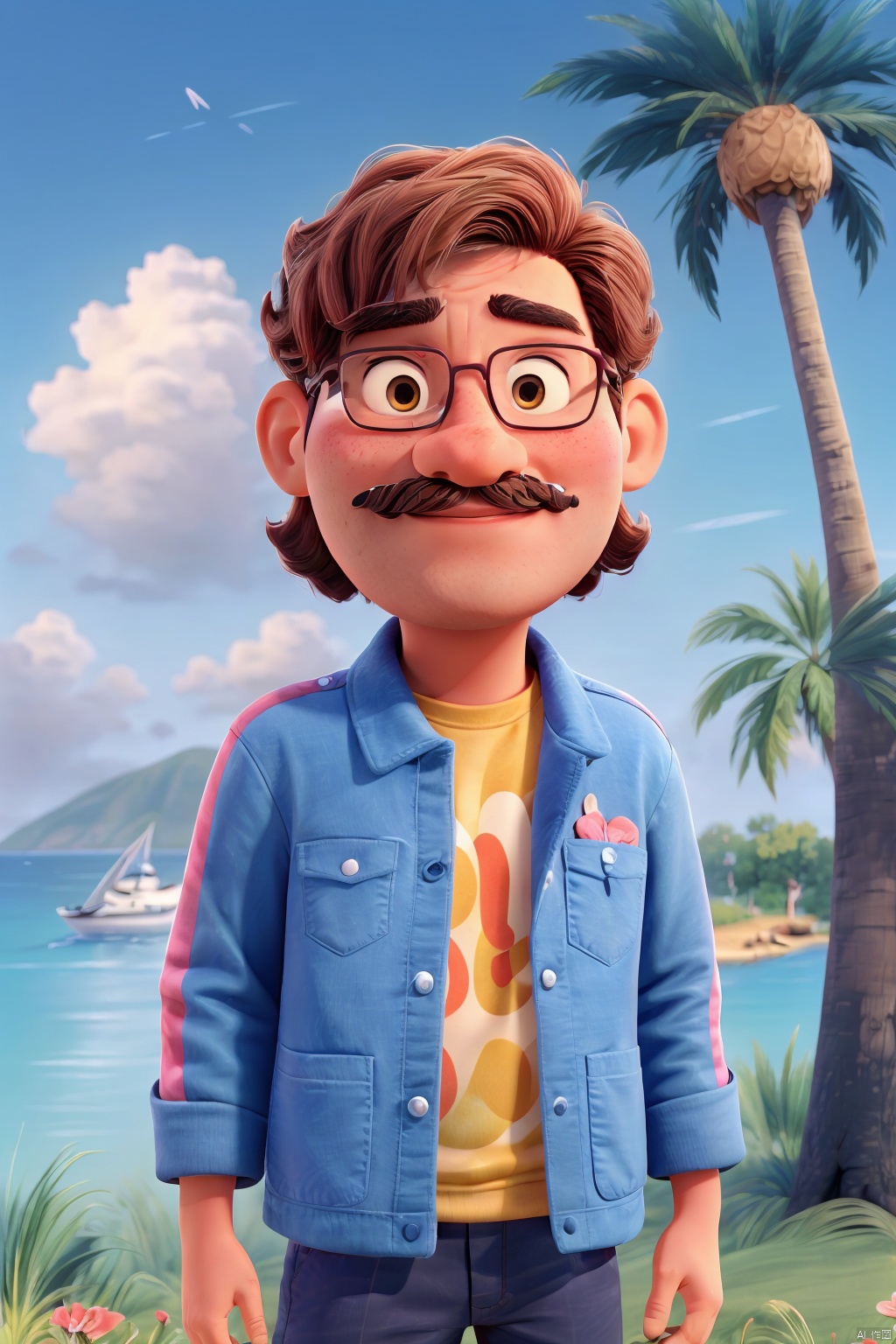  TT,pink flower, jacket, red flower, mustache,blackeyes,blush,ligne, tree, sailing,palm tree, sky, cloud, day, ocean, outdoors, blue sky, water, 迪士尼