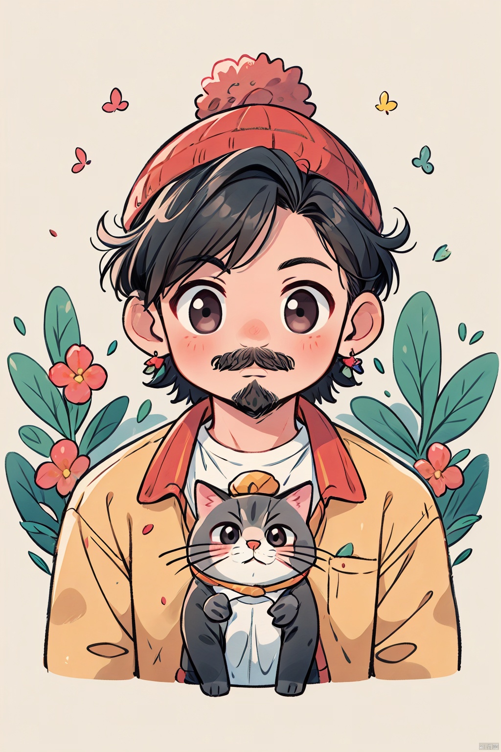 TT, hat, black hair, white shirt, earrings, 1boy, leaf, plant, shirt, flower, jewelry, beanie, solo, facial hair, male focus, upper body, cat, food, looking at viewer, yellow background, short hair, pink flower, jacket, red flower, mustache, black eyes, blush