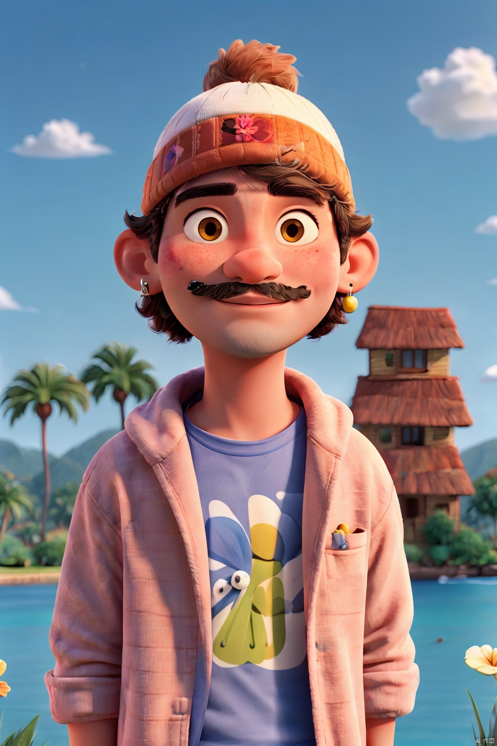  TT, looking at viewer, yellow background, short hair, pink flower, jacket, red flower, mustache,blackeyes,blush,ligne, tree, sailing,palm tree, sky, cloud, day, ocean, outdoors, blue sky, water,hat, black hair, white shirt, earrings, 1boy, leaf, plant, shirt, flower, jewelry, beanie, solo, facial hair, male focus, upper body, cat, food,,迪士尼