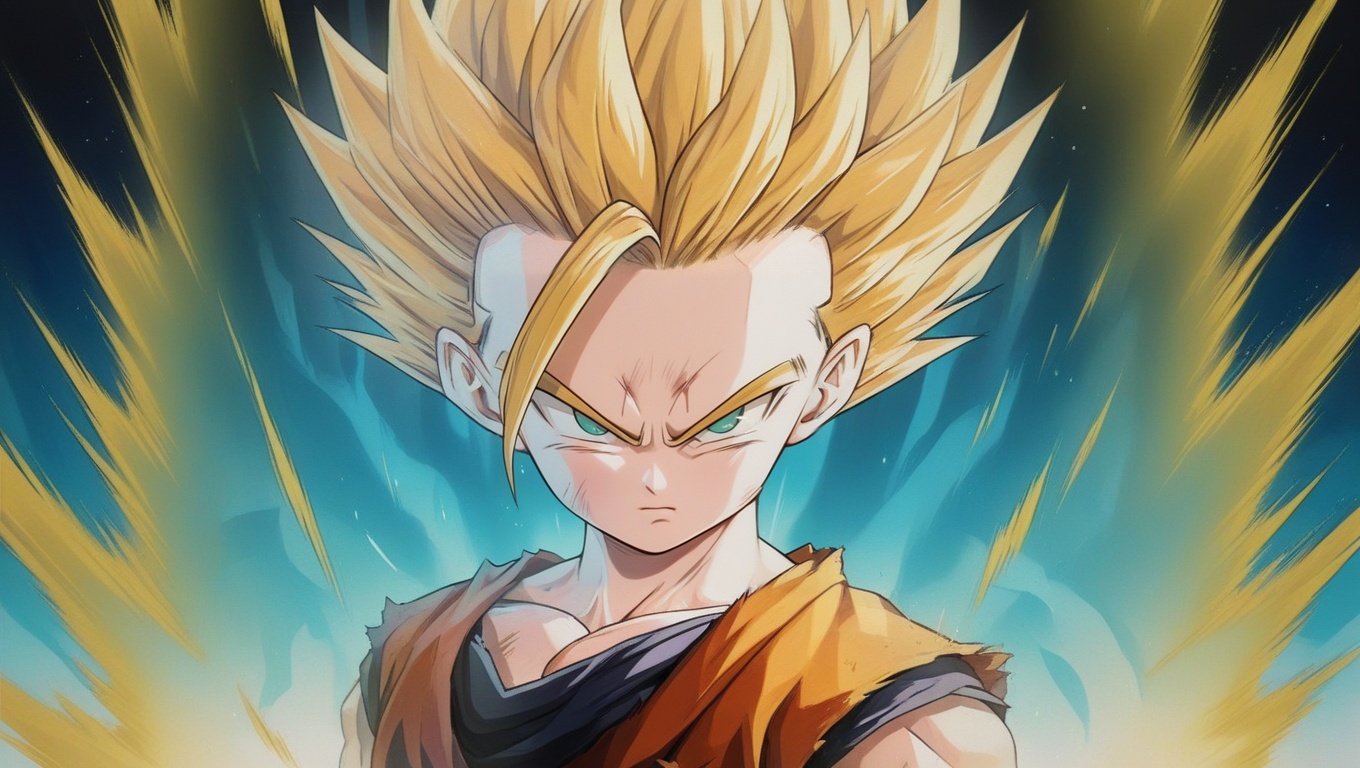 a powerful and intense portrait of Gohan in his Super Saiyan 2 form,  with blonde long hair,  a serious expression on Tens...