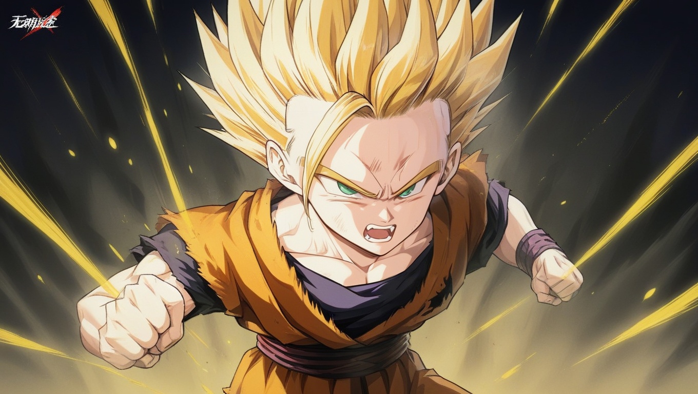 a powerful and intense portrait of Gohan in his Super Saiyan 2 form,  with blonde long hair,  a serious expression on Tens...
