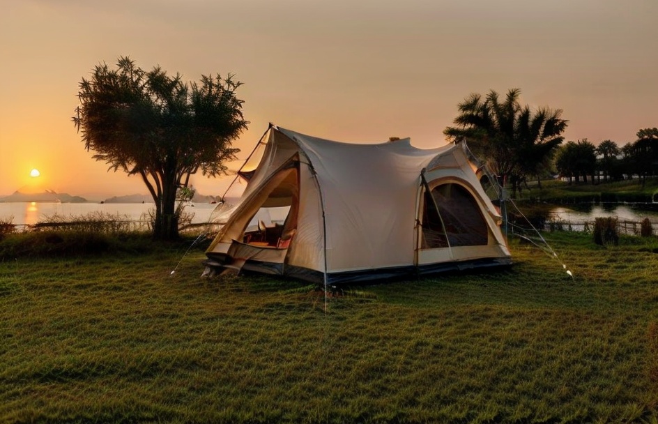 and, blurry_background, boat, dust, floppy_ears, grass, lake, no_humans, outdoors, river, sky, space, standing, sunset, tent, the, tree, with ,<lora:SD1.5_Zhangpeng:0.8>