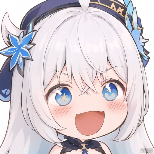 smile, 1girl, solo, blue eyes, hat, open mouth, white background, blue hair, blush, multicolored hair, chibi, simple background, white hair, ahoge, virtual youtuber, bangs, long hair, portrait, v-shaped eyebrows, :d, hair between eyes, + +, symbol-shaped pupils, streaked hair, tilted headwear