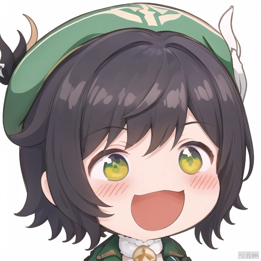 smile, solo, hat, black hair, white background, green headwear, simple background, chibi, open mouth, venti \(genshin impact\), male focus, blush, 1boy, portrait, cosplay, beret, bangs, bow, :d