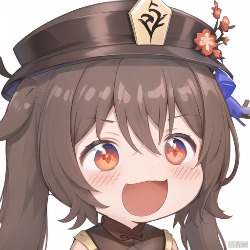 smile, 1girl, hu tao \(genshin impact\), hat, solo, open mouth, symbol-shaped pupils, white background, brown hair, simple background, red eyes, looking at viewer, :d, blush, twintails, bangs, hair between eyes, flower, long hair, hat flower, portrait, sidelocks, black headwear, v-shaped eyebrows, chinese clothes, chibi, hat ornament, :3
