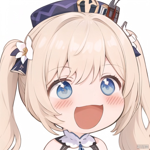 smile, 1girl, barbara \(genshin impact\), solo, blue eyes, twintails, open mouth, hair ornament, white background, simple background, hat, chibi, blush, :d, blonde hair, hair flower, bangs, flower, portrait, bare shoulders, long hair