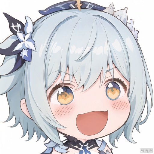 smile, 1girl, solo, eula \(genshin impact\), blue hair, chibi, open mouth, :d, white background, blush, simple background, bangs, multicolored eyes, hairband, portrait, yellow eyes, v-shaped eyebrows, hair ornament