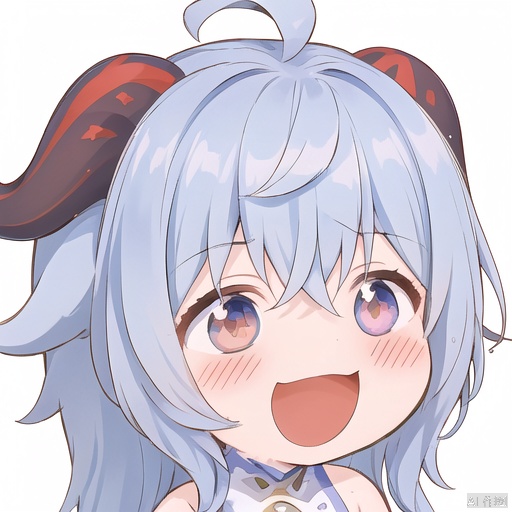 smile, 1girl, solo, ganyu \(genshin impact\), horns, blue hair, white background, chibi, open mouth, blush, bell, bangs, simple background, ahoge, multicolored eyes, neck bell, sidelocks, long hair, purple eyes, portrait, bare shoulders, :d, hair between eyes