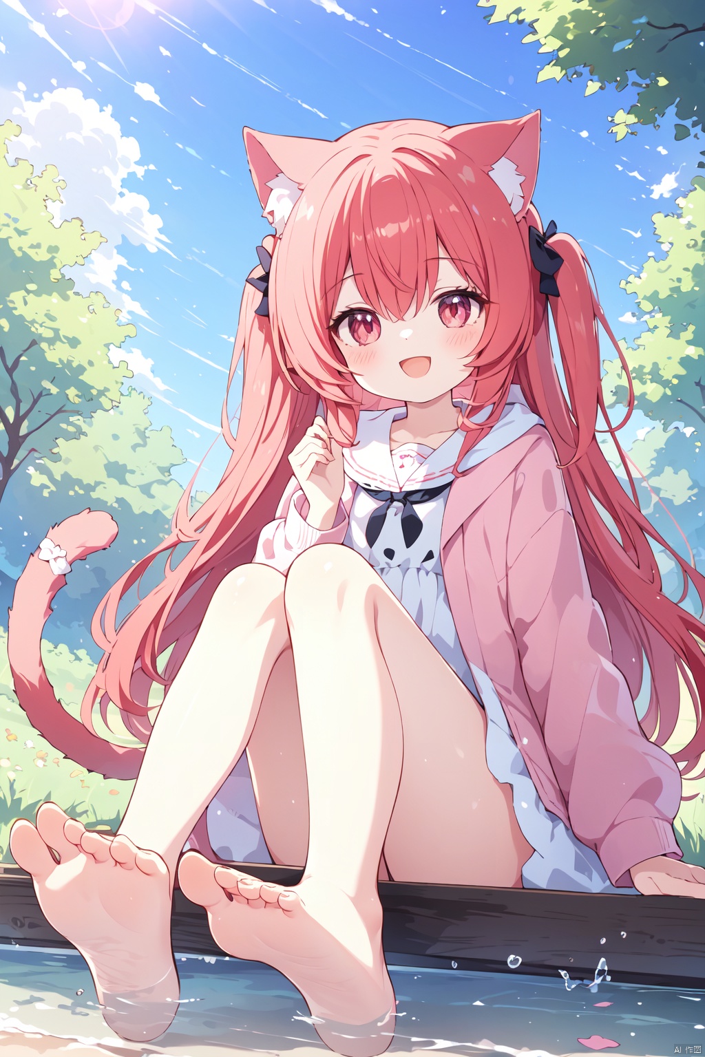 best quality, 1girl, animal ears, solo, tail, cat ears, barefoot, cat tail, smile, long hair, outdoors, red hair, day, :d, soles, animal ear fluff, long sleeves, pink jacket, bangs, cat girl, two side up, very long hair, jacket, tree, sitting, red eyes, dress, hair between eyes, water, open clothes, open jacket, hand up, soaking feet, sky, open mouth, puffy sleeves, looking at viewer, feet, blush, white dress, puffy long sleeves, toes, cloud, blue sky, bag