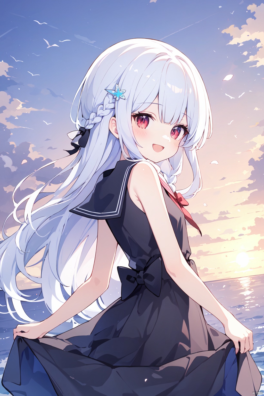 best quality, 1girl, dress, solo, red eyes, sailor dress, sleeveless, bow, braid, sleeveless dress, sailor collar, sunset, black bow, white dress, long hair, bangs, white sailor collar, outdoors, smile, skirt hold, ocean, cloud, hair bow, sky, looking at viewer, :d, bare shoulders, horizon, blush, water, open mouth, white hair, petals, bare arms, hair ornament, bird, profile, looking back, blue bow