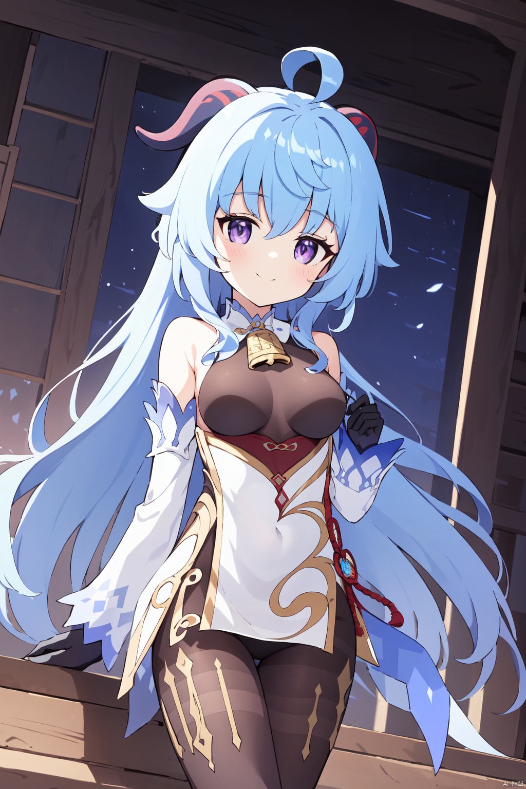  (best quality), (masterpiece),1girl, solo, ganyu \(genshin impact\), breasts, long hair, horns, bell, looking at viewer, purple eyes, detached sleeves, gloves, smile, bare shoulders, ahoge, blue hair, medium breasts, black gloves, pantyhose, vision \(genshin impact\), bangs, bodystocking, thighs