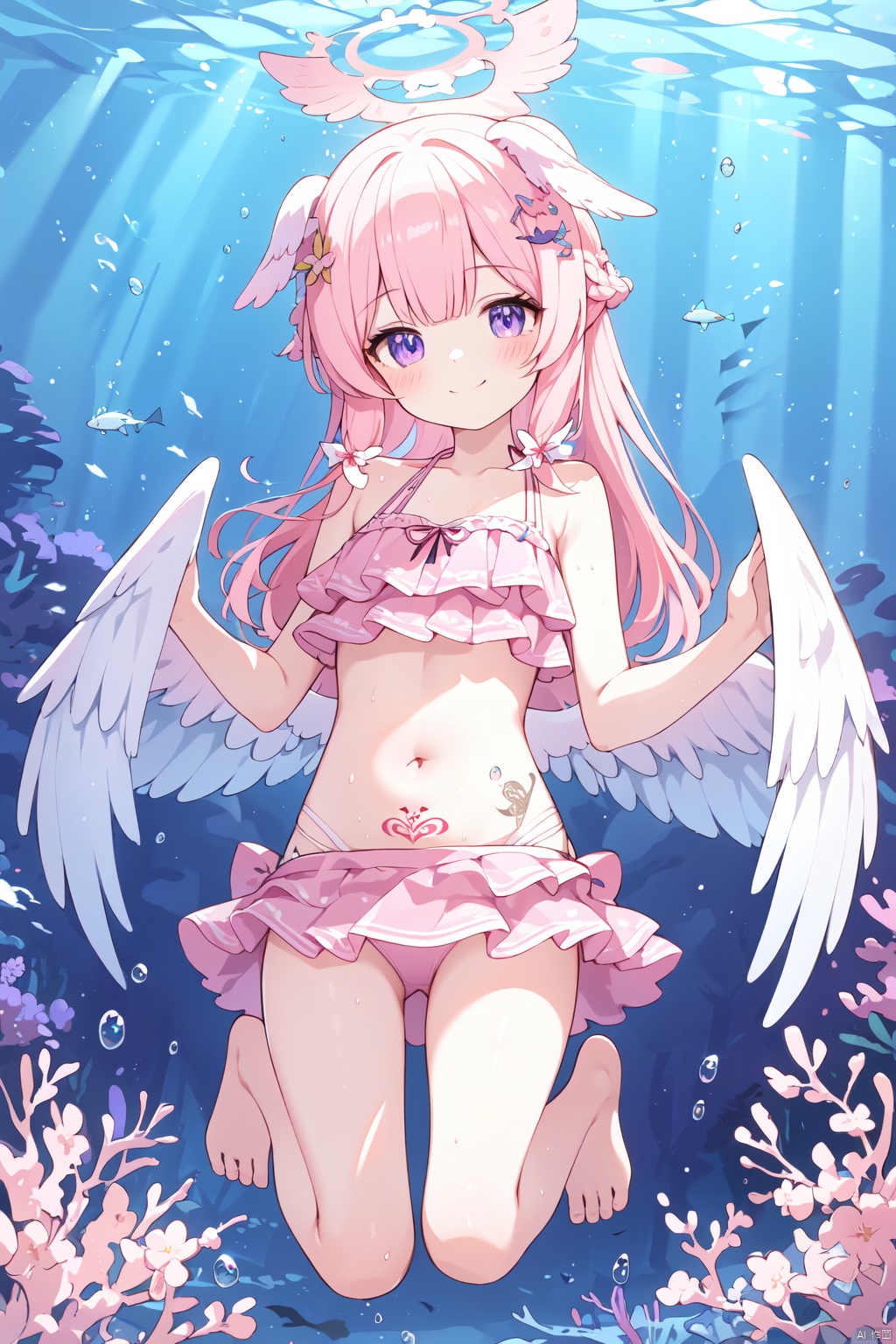 best quality, 1girl, swimsuit, pink hair, wings, solo, bikini, breasts, navel, long hair, underwater, barefoot, smile, halo, frills, purple eyes, fish, looking at viewer, ponytail, head wings, collarbone, animal ears, blush, tattoo, bubble, full body, wing hair ornament, feathered wings, white wings, bangs, bikini skirt, angel wings, frilled bikini, pink bikini, small breasts, shawl, see-through, virtual youtuber, closed mouth, hair ornament