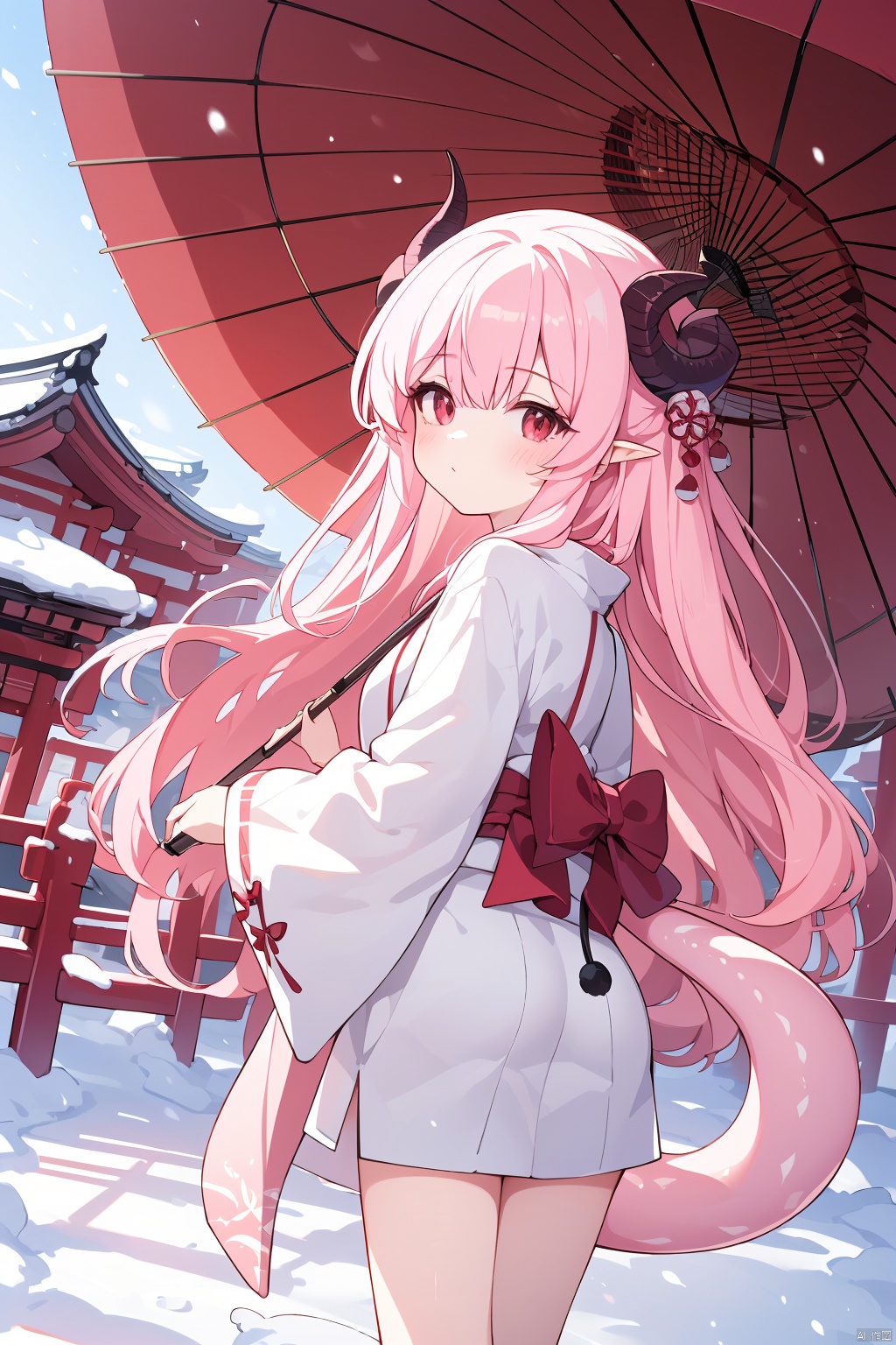  (best quality), (masterpiece),1girl, dragon tail, solo, umbrella, pink hair, tail, long hair, horns, looking at viewer, dragon girl, dragon horns, snow, red eyes, architecture, japanese clothes, east asian architecture, boots, looking back