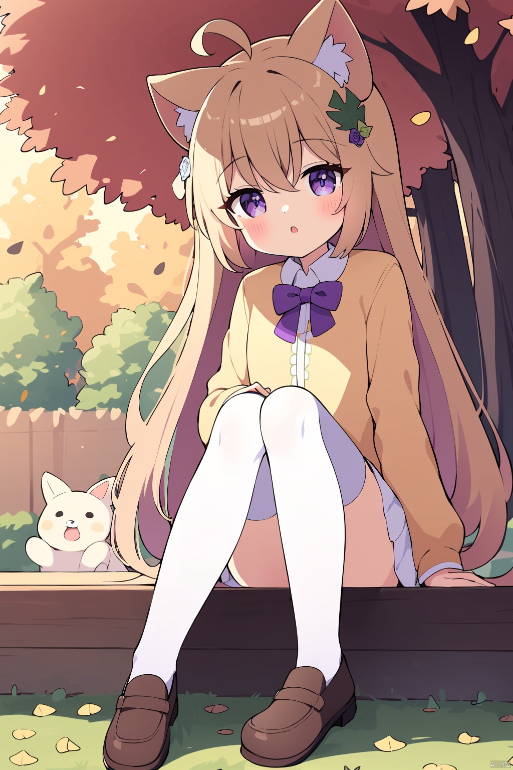  (best quality), (masterpiece),1girl, solo, shoes, long sleeves, brown footwear, thighhighs, long hair, very long hair, parted lips, animal ears, blush, puffy sleeves, white thighhighs, purple eyes, purple flower, flower, bangs, :o, brown hair, autumn leaves, sweet potato, hair ornament, purple rose, loafers, looking at viewer, animal ear fluff, hair flower, rose, skirt, juliet sleeves, cat, ginkgo leaf, animal, full body, sitting, mushroom, hair between eyes, brown flower, ahoge, white skirt, leaf, bow,