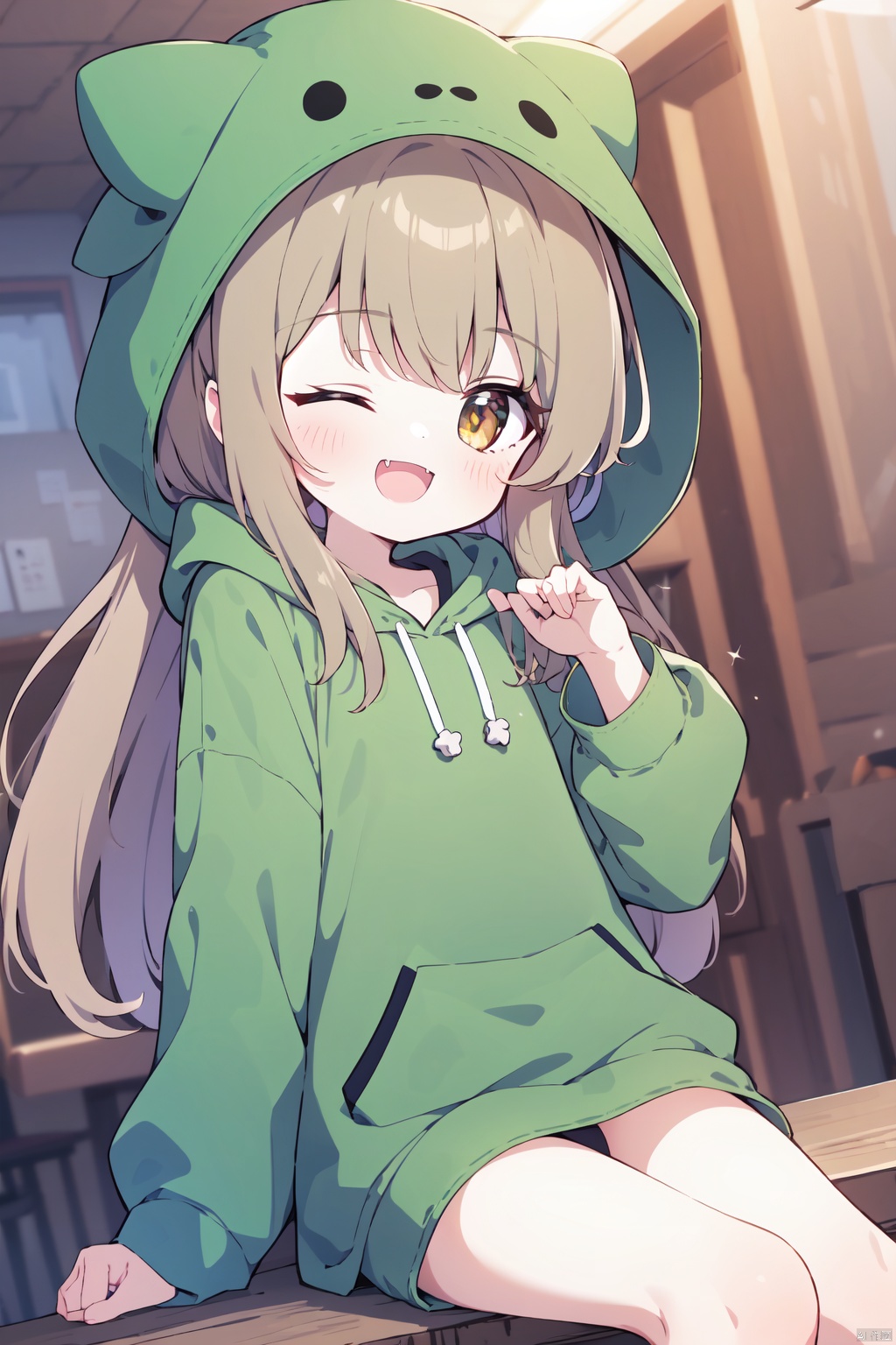  masterpiece, best quality, 1girl, one eye closed, solo, hood, green hair, looking at viewer, long sleeves, open mouth, smile, blush, green jacket, bangs, brown eyes, sparkle, brown hair, sitting, jacket, hood up, long hair, blurry, fangs, animal hood, green hoodie, claw pose, hand up, ;d, fang