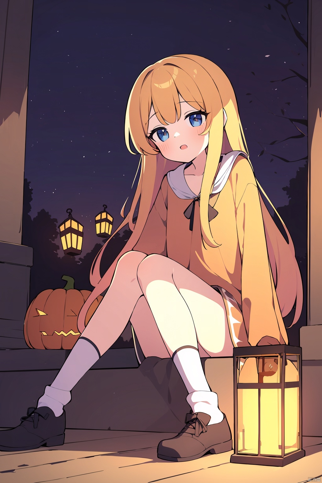  (best quality), (masterpiece),1girl, solo, long_hair, blonde_hair, sitting, socks, pumpkin, lantern