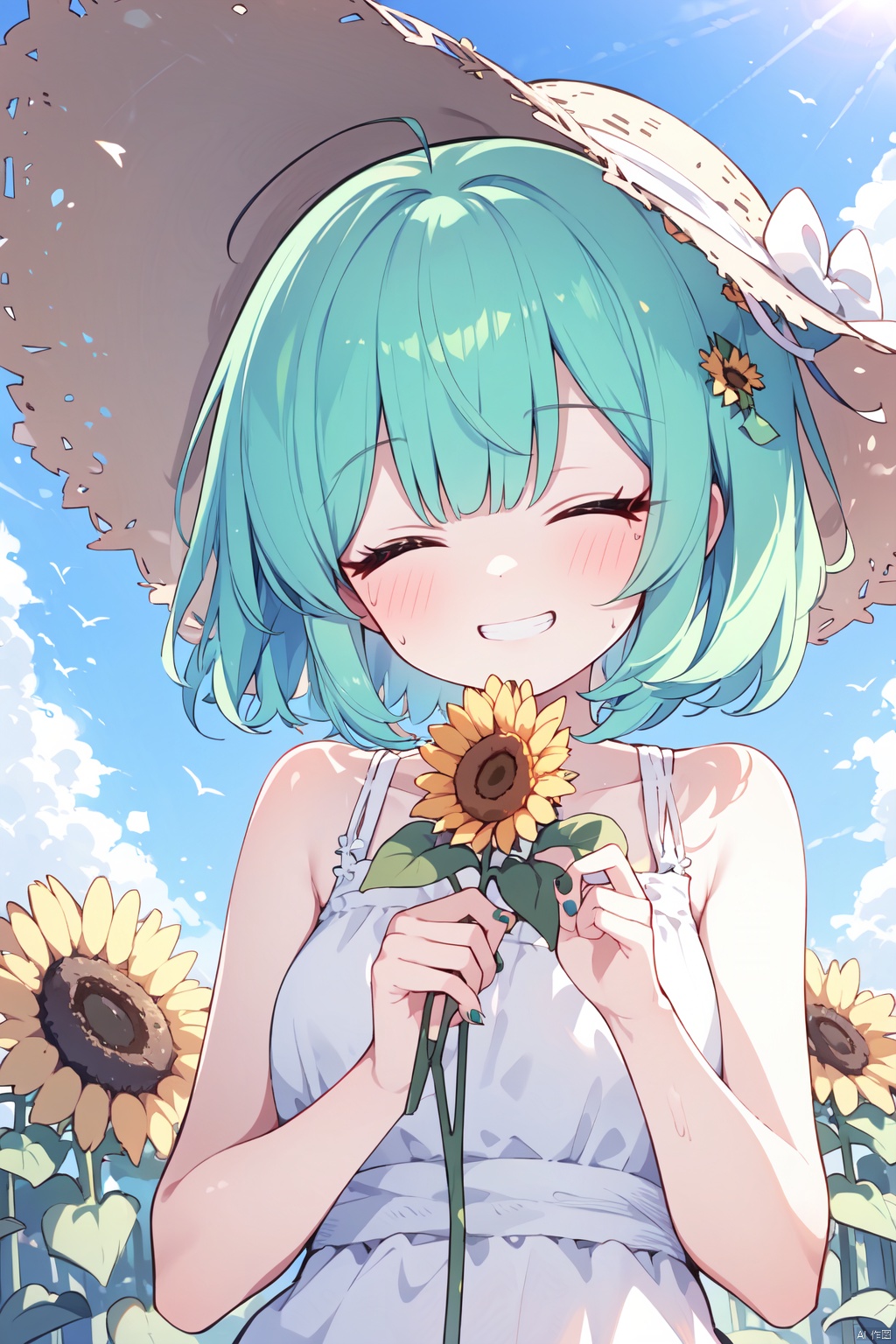  masterpiece, best quality, 1girl, solo, one eye closed, sunflower, hat, straw hat, flower, smile, green hair, short hair, looking at viewer, holding, dress, sky, blush, grin, cloud, white dress, upper body, nail polish, sundress, blue sky, holding flower, sleeveless, yellow eyes, bangs, ahoge, happy birthday, sleeveless dress