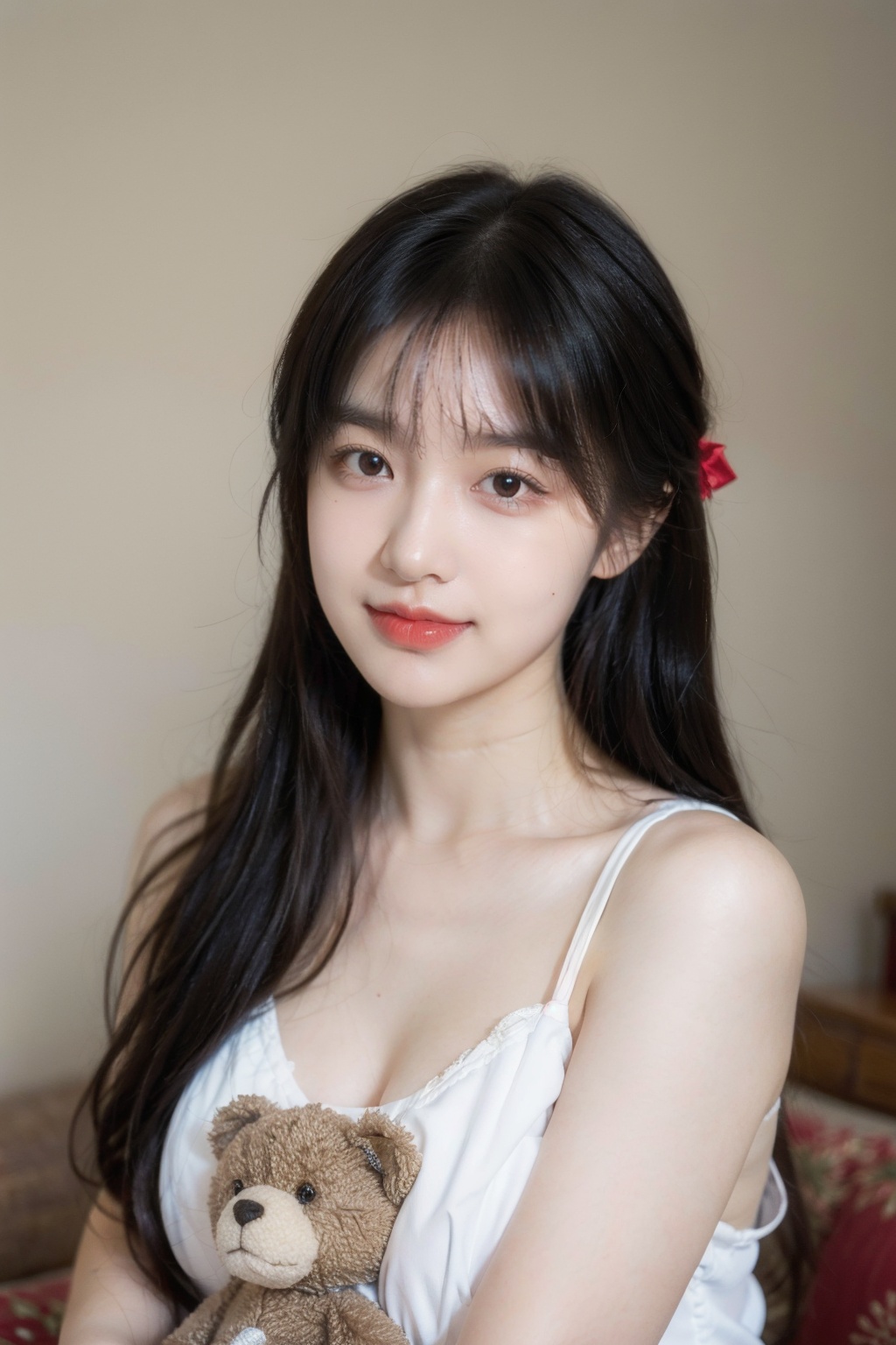 Best quality,masterpiece,ultra high res,(photorealistic:1.4),raw photo,panorama,1girl,beautiful detailed eyes and face,cold light,8k,RAW photo,realistic,stuffed toy,stuffed animal,long hair,bow,looking at viewer,hair bow,smile,black hair,ribbon,brown hair,upper body,teddy bear,bangs,mole,14 y.o.,<lora:liqi1.5:0.8>,