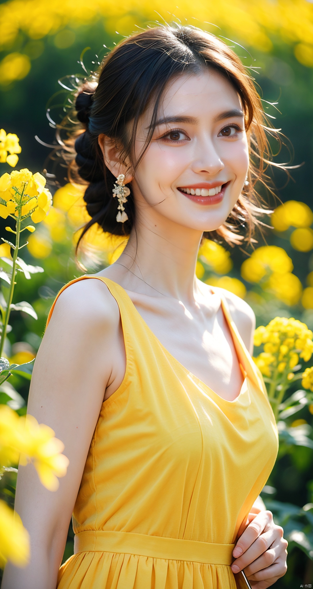  A sexy beauty with a bun, half-body portrait, standing in a sea of rapeseed flowers, charming eyes, sweet smile, surrounded by blooming yellow rapeseed flowers, forming a beautiful picture, high quality picture, full HD picture, 8K resolution, photorealistic, intricate details, sharp focus, vibrant colors, trending on ArtStation, trending on CGSociety, by Greg Rutkowski, Midjourney, Jeremy Mann, Antonio Moro, Ed Blinkey, Atey Ghailan, Studio Ghibli, heart professional majestic oil painting, popular on DeviantArt, concept art, artwork., lvshui-green dress, Light master, (\meng ze\)