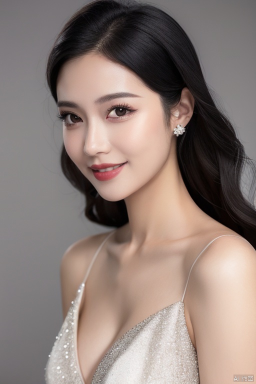  1girl, solo, breasts, cleavage, black hair, long hair, realistic, looking at viewer, smile,simple background, grey background, parted lips, bare shoulders, lips, black eyes, upper body, off shoulder,wedding_dress