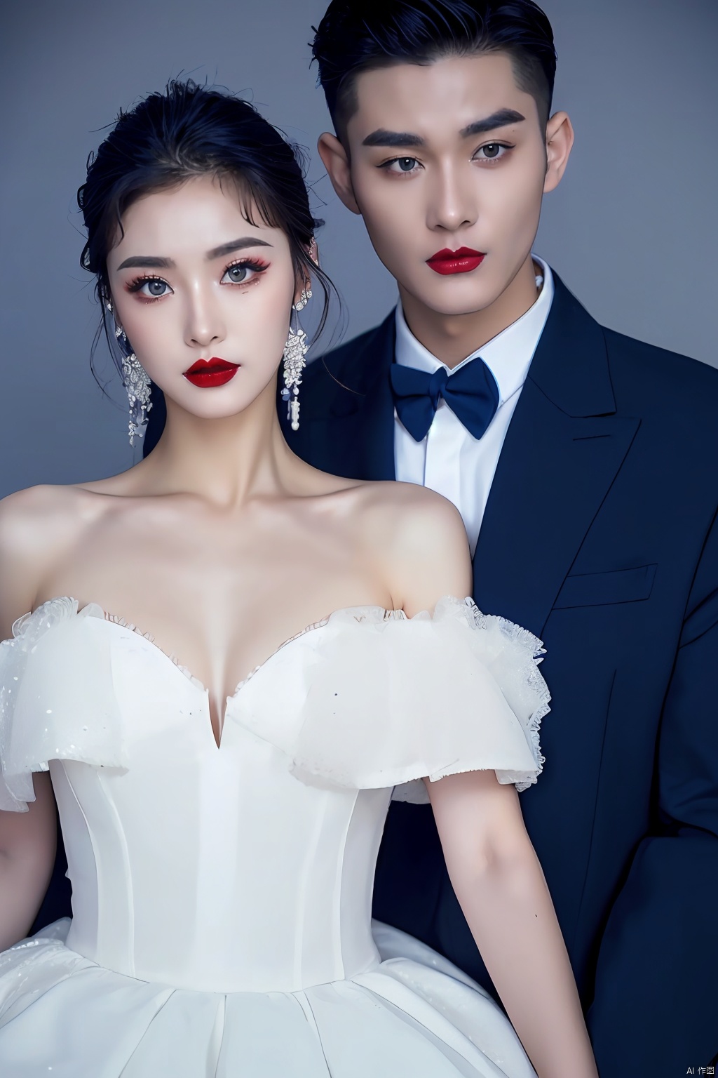 xuer Flower explosion , 1boy, handsome male, suit, hetero, couple,
1girl, jewelry,couple, white dress,  wedding, formal, wedding dress,
(dark blue and light whiter:1.5),(eyeshadow,eyeliner:1.5),(red lips:1.7),