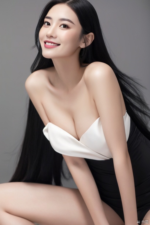  1girl, solo, breasts, cleavage, black hair, long hair, realistic, looking at viewer, smile,simple background, grey background, parted lips, bare shoulders, lips, black eyes, upper body, off shoulder,wedding