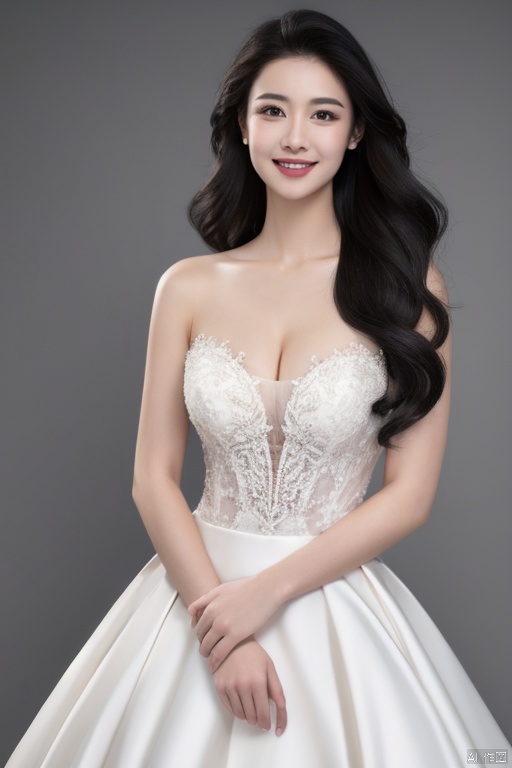  1girl, solo, breasts, cleavage, black hair, long hair, realistic, smile,chromatic_background, grey background, ,wedding_dress