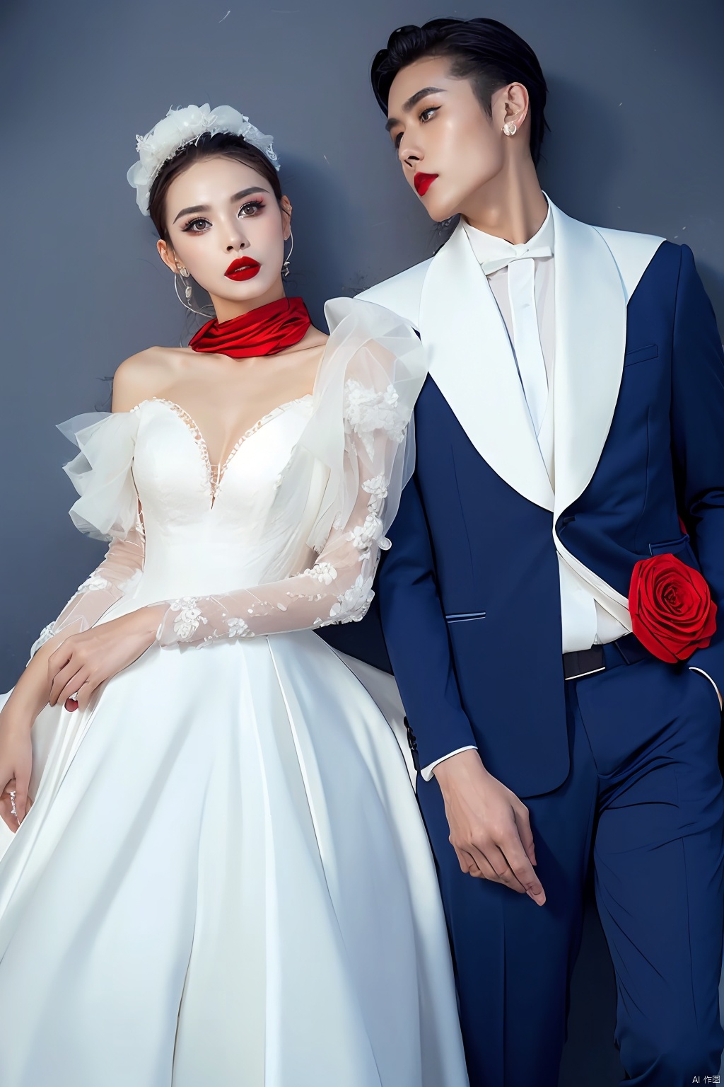 xuer Flower explosion , 1boy, handsome male, suit, hetero, couple,
1girl, jewelry,couple, white dress,  wedding, formal, wedding dress,
(dark blue and light whiter:1.5),(eyeshadow,eyeliner:1.5),(red lips:1.7),