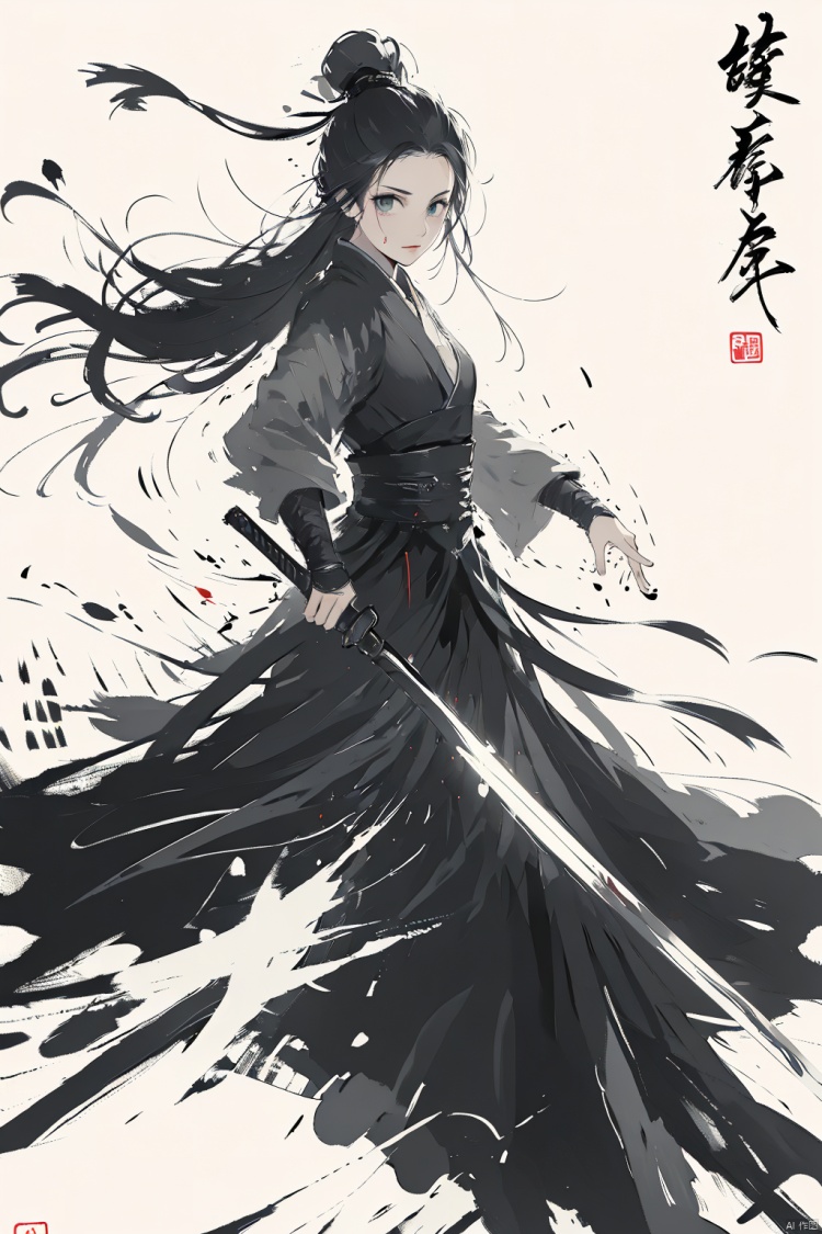  a girl,long hair,black hair,smwuxia,Chinese text,blood splatter,weapon:sw,blood