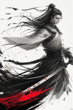 a boy,long hair,black hair,smwuxia,Chinese text,blood splatter,weapon:sw,blood