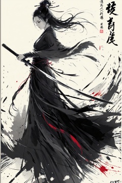  a girl,long hair,black hair,full body,smwuxia,Chinese text,blood splatter,weapon:sw,blood