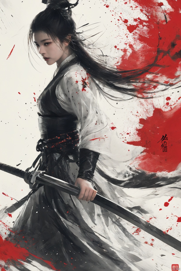  a girl, smwuxia,chinese text,blood, weapon:sw,blood splatter,motion blur,text