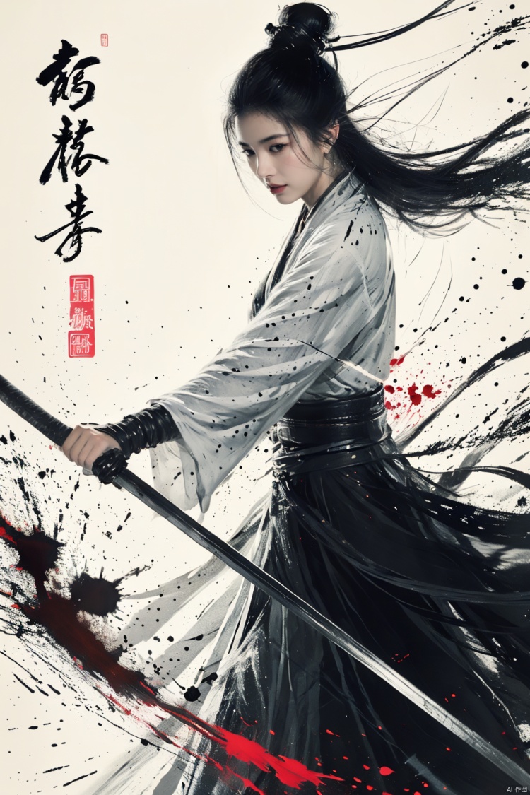  a girl, smwuxia,chinese text,blood, weapon:sw,blood splatter,motion blur,text