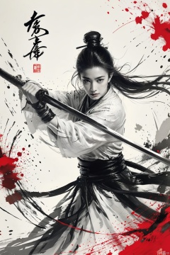  a girl, smwuxia,chinese text,blood, weapon:sw,blood splatter,motion blur,text