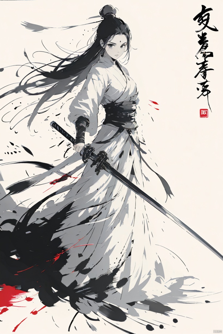  a girl,long hair,black hair,full body,smwuxia,Chinese text,blood splatter,weapon:sw,blood