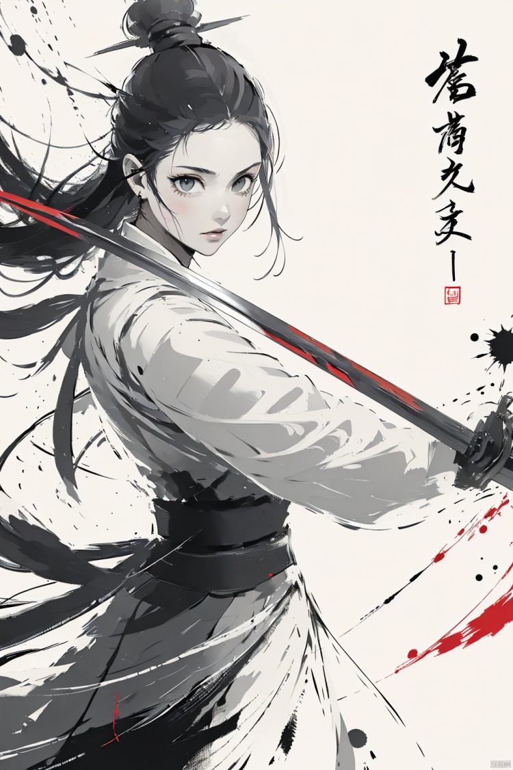  a girl,long hair,black hair,smwuxia,Chinese text,blood splatter,weapon:sw,blood