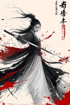  a girl,long hair,black hair,full body,smwuxia,Chinese text,blood splatter,weapon:sw,blood
