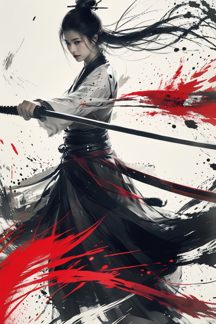  a girl, smwuxia,chinese text,blood, weapon:sw,blood splatter,motion blur