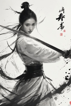  a girl, smwuxia,chinese text,blood, weapon:sw,blood splatter,motion blur,text