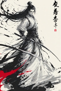 a boy,long hair,black hair,full body,smwuxia,Chinese text,blood splatter,weapon:sw,blood