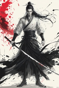 a boy,long hair,black hair,full body,smwuxia,Chinese text,blood splatter,weapon:sw,blood