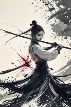  a girl, smwuxia,Chinese text,blood, weapon:sw,blood splatter,motion blur