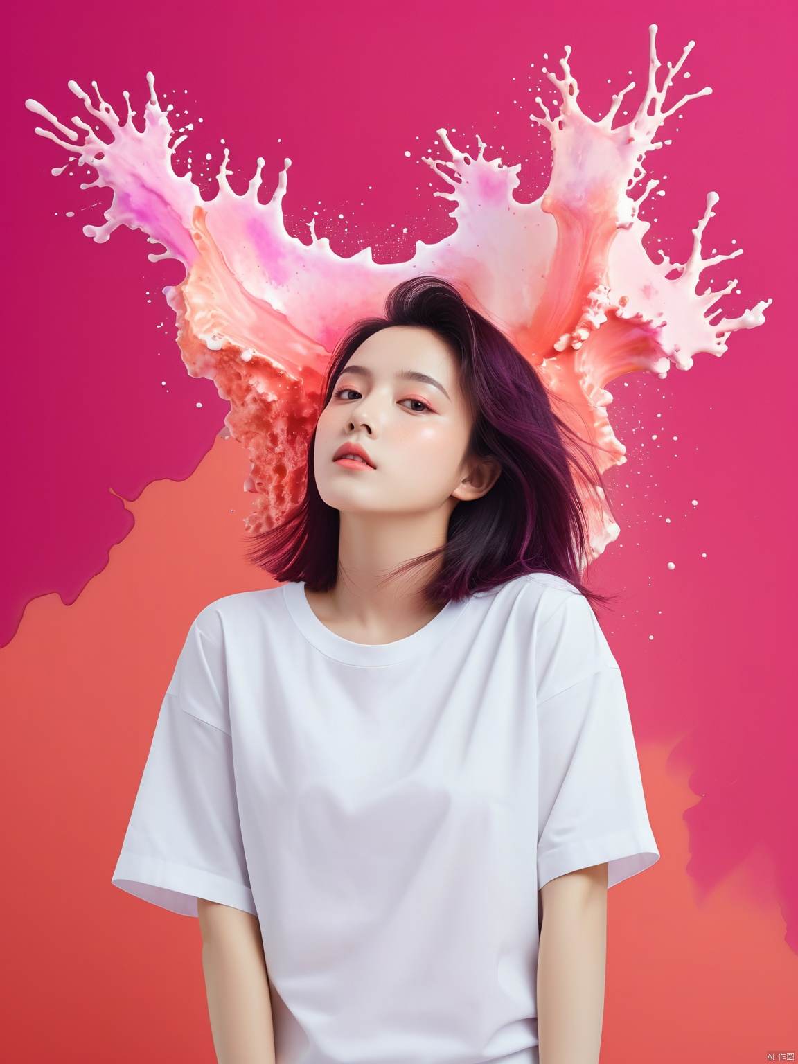  (Masterpiece:1),(highest quality:1.12),a girl,cover art,shirt,(coral:1.1),portrait,magenta background,coral splash,sy3,SMM,watercolor style,minimalist style, 1girl, light master
