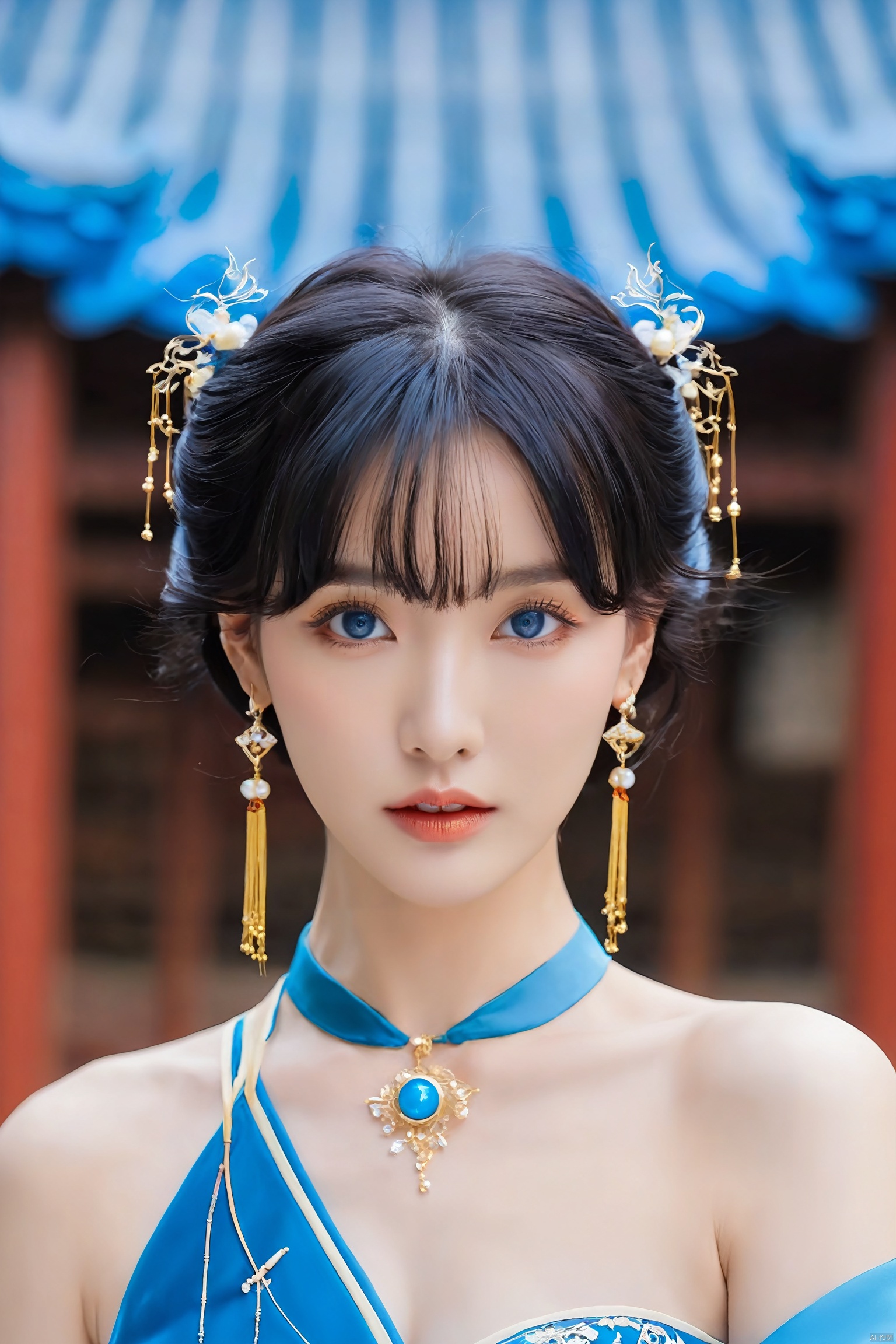  1girl,Bangs, off shoulder, black hair, blue dress, blue eyes, chest, earrings, dress, earrings, floating hair, jewelry, sleeveless, short hair,Looking at the observer, parted lips, pierced,energy,electricity,magic, dofas, yue , hair ornament , hanfu