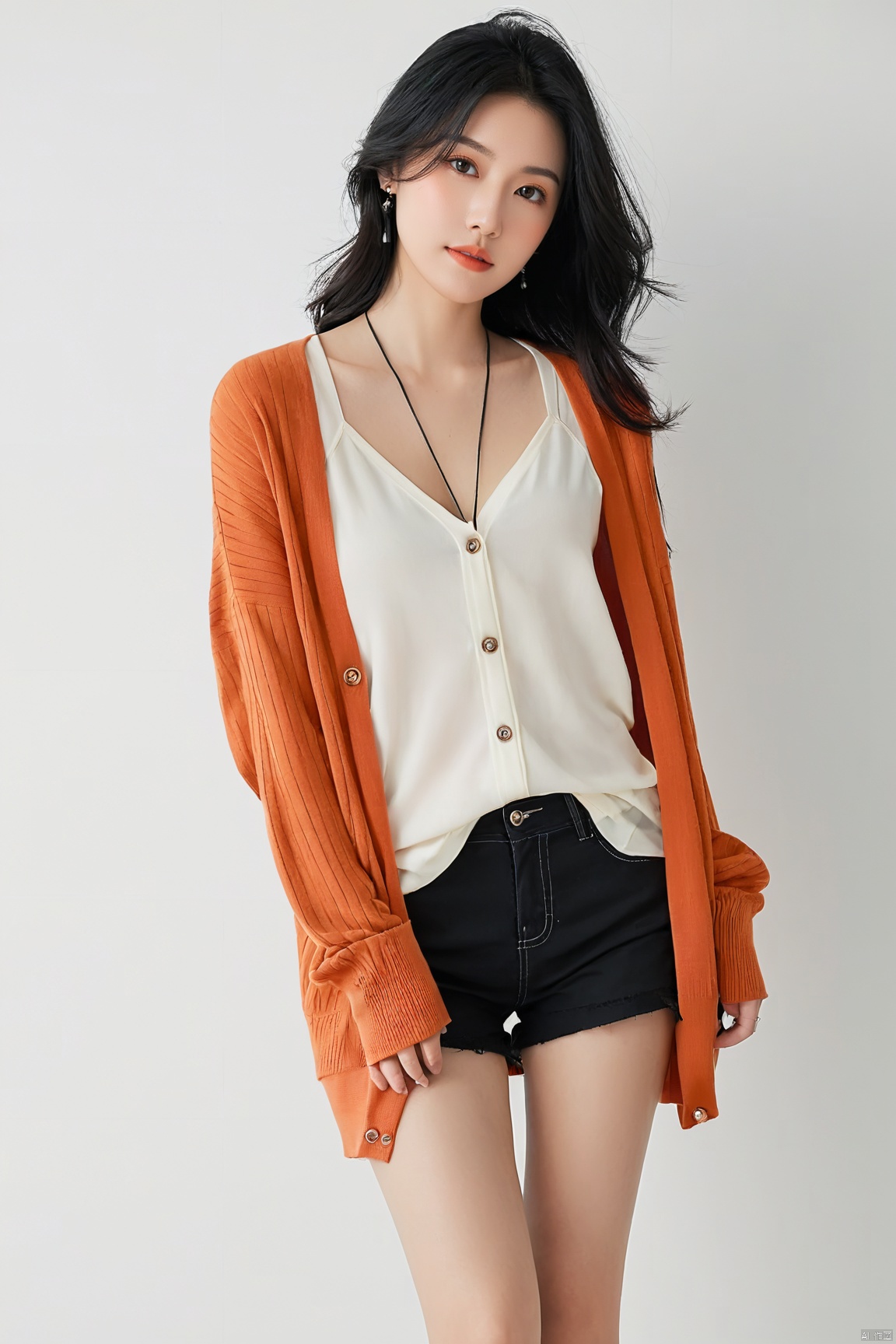  1girl,solo,light black hair,blush,shirt,white shirt,orange cardigan,cardigan,collarbone,cropped legs,long sleeves,sleeves past wrists,cowboy shot,