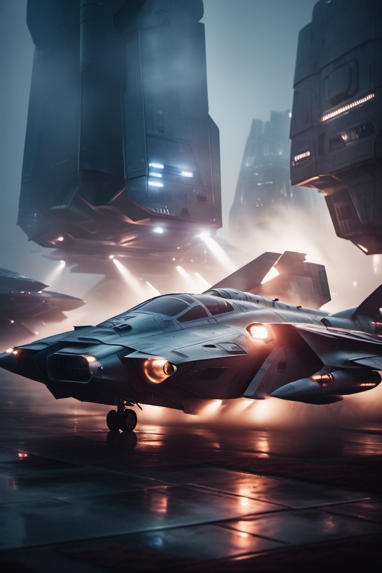 closeup shot of fight aircraft,  in futuristic and sci-fi city,  during twilight on Tensor.Art