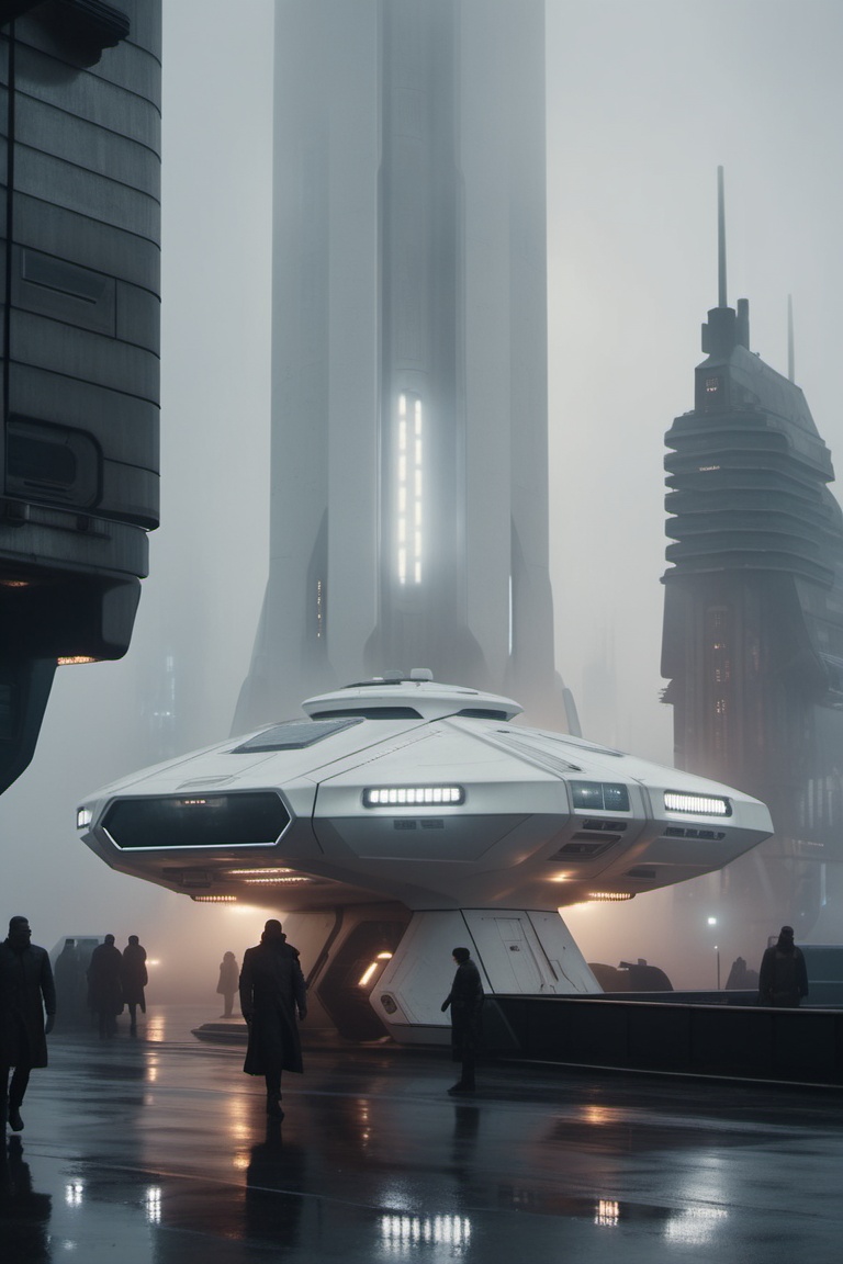 close-up of a futuristic white spaceship in the middle of dystopian city during an overcast day,  atmosphere is dark and o...